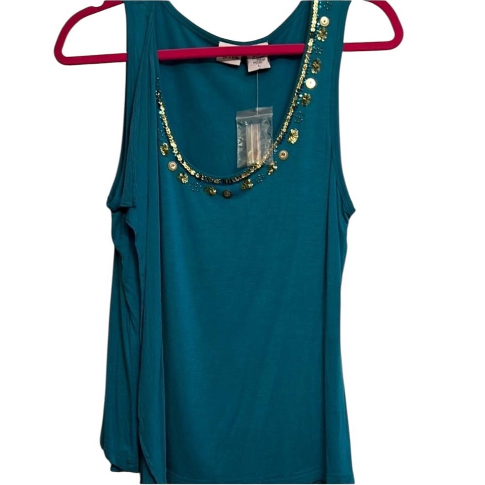 Together large teal sleeveless dressy tank with gold sequin detail & scarf NWT